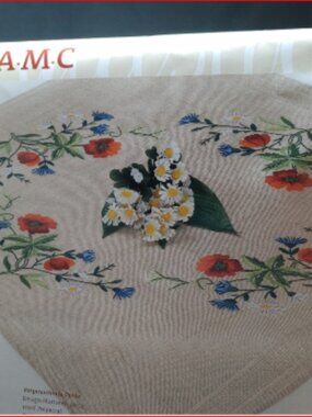 Vtg Tablecloth Embroidery Kit AMC Germany Red Poppy Tea Thread & Cloth Included